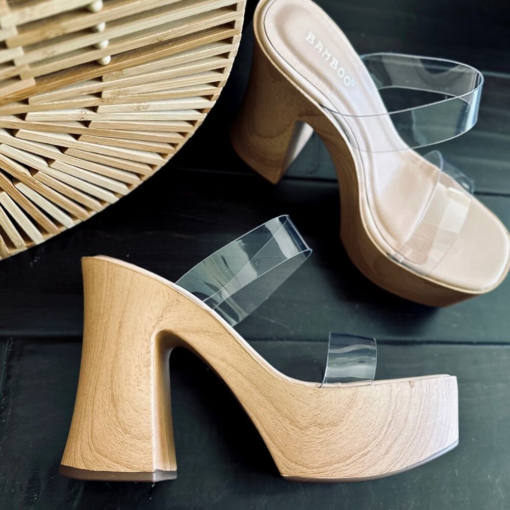 NEW Transparent Clear Open Toe Mules Sandal Wood-Like Block Chunky Platform Heel - Picture 2 of 5